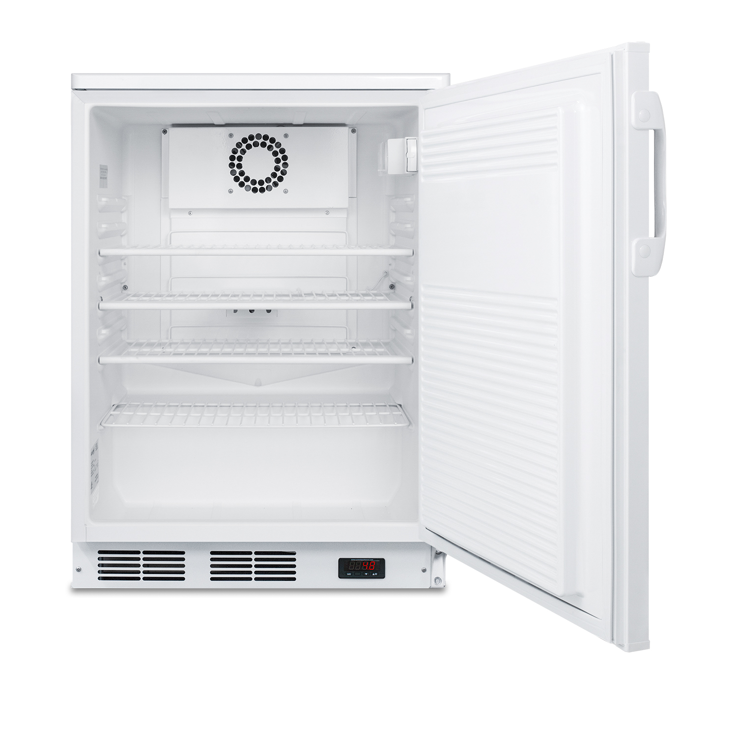 Commercially listed freestanding all-refrigerator for general purpose use, with front lock, automatic defrost operation and white exterior